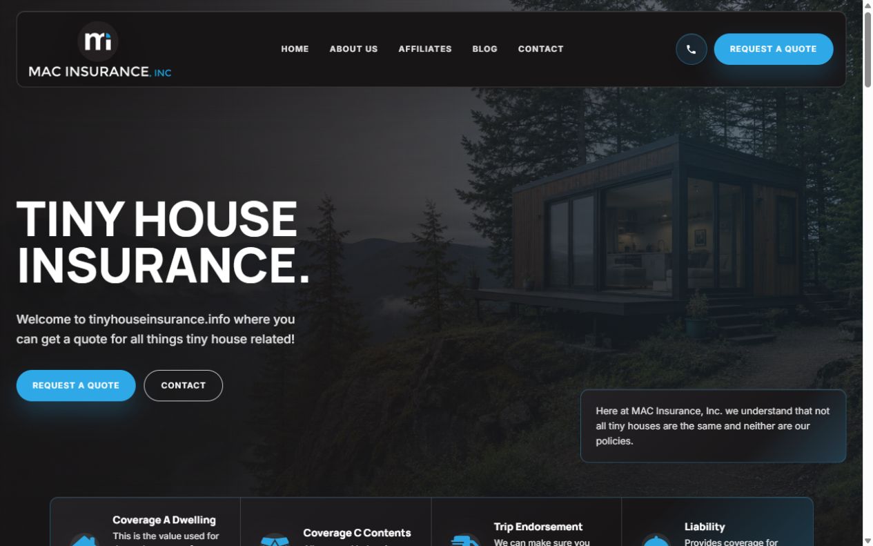 Tiny House Insurance website project — Lake Oswego, OR 97035