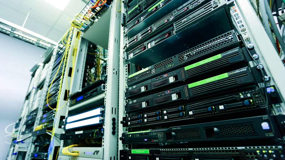 Server racks with network equipment and connected cables