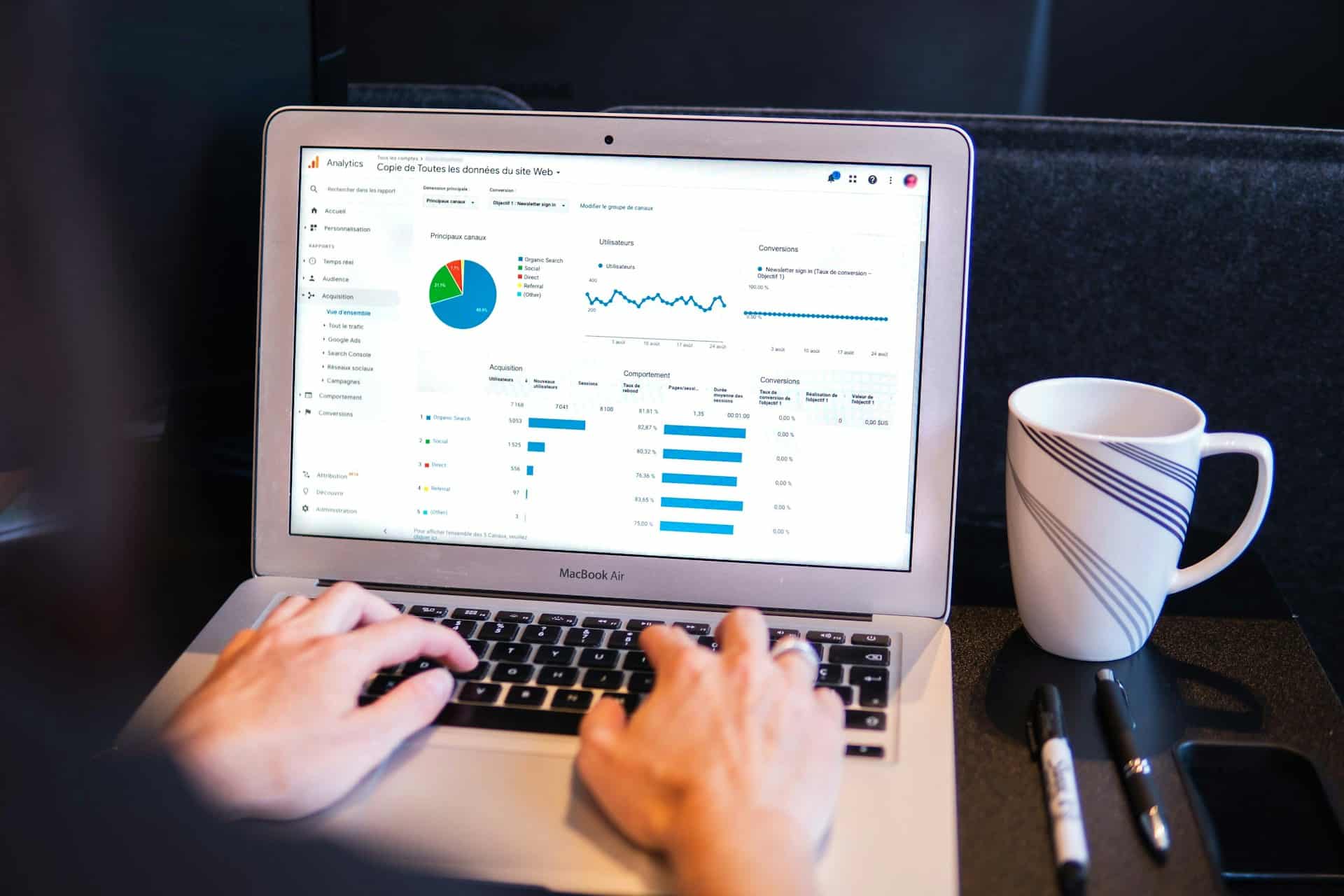 Laptop displaying website traffic and analytics charts