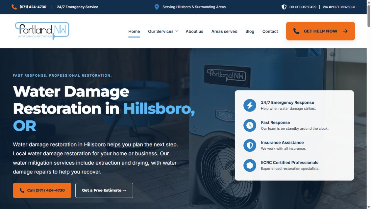 Portland NW Water Damage Restoration website project in Hillsboro, Oregon